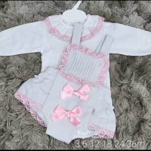 Girls Spanish style romper short set, light grey and pink with lace and bows.