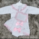 Girls Spanish style romper short set, light grey and pink with lace and bows.