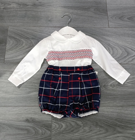 Navy boys spanish style short and shirt outfit, tartan traditional