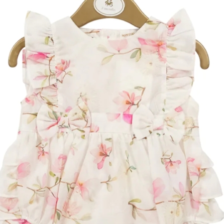 Mintini girls floral romper with bow and frill detail