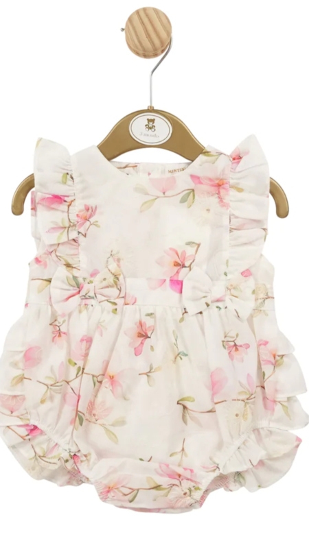 Mintini girls floral romper with bow and frill detail