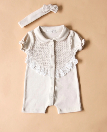 beige girls romper matching headband lace detail