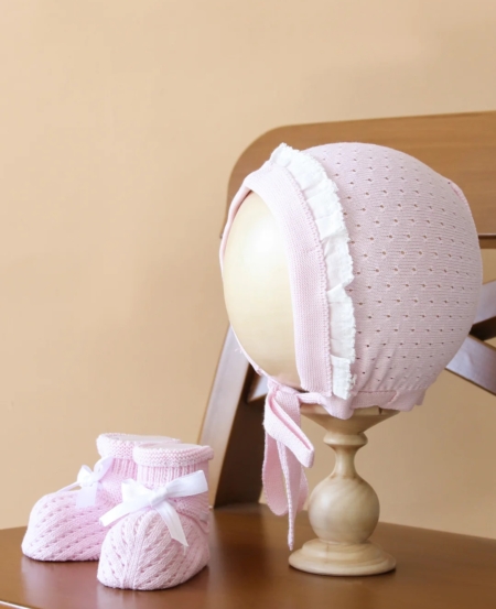 pink knitted bonnet and booties girls baby